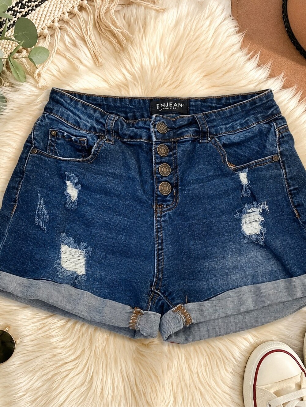 ENJEAN Distressed Button Fly High Rise Denim Shorts Medium Y2K
